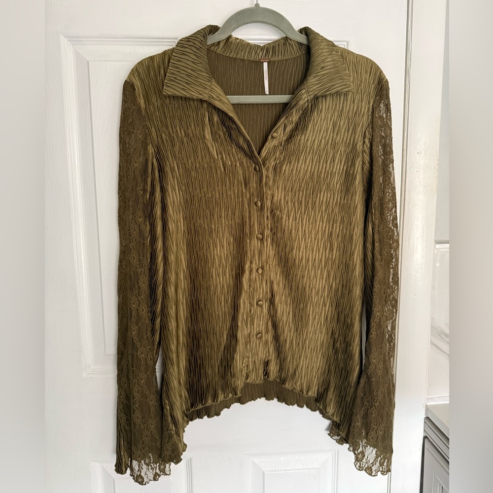 Free People Olive Green Pleated Button-Down Blouse